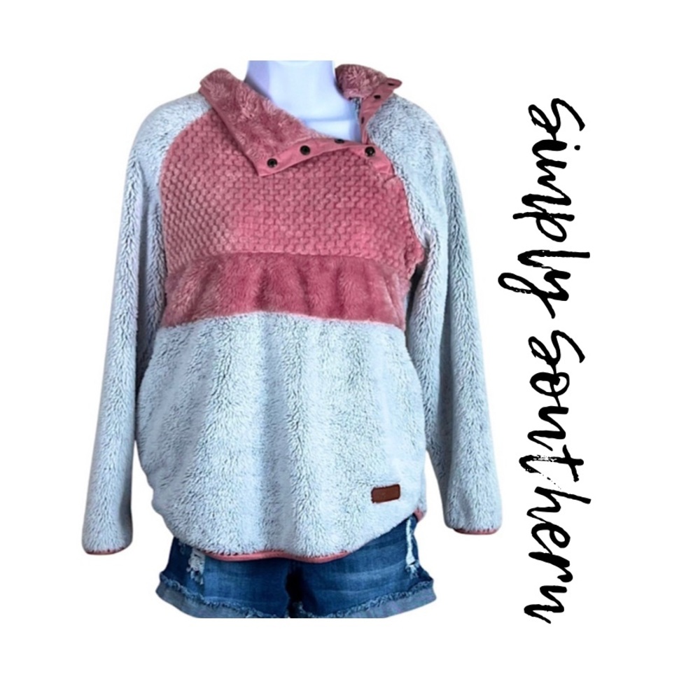 Simply Southern Pink & Gray Asymmetrical Button Collar Sherpa Pullover Size S